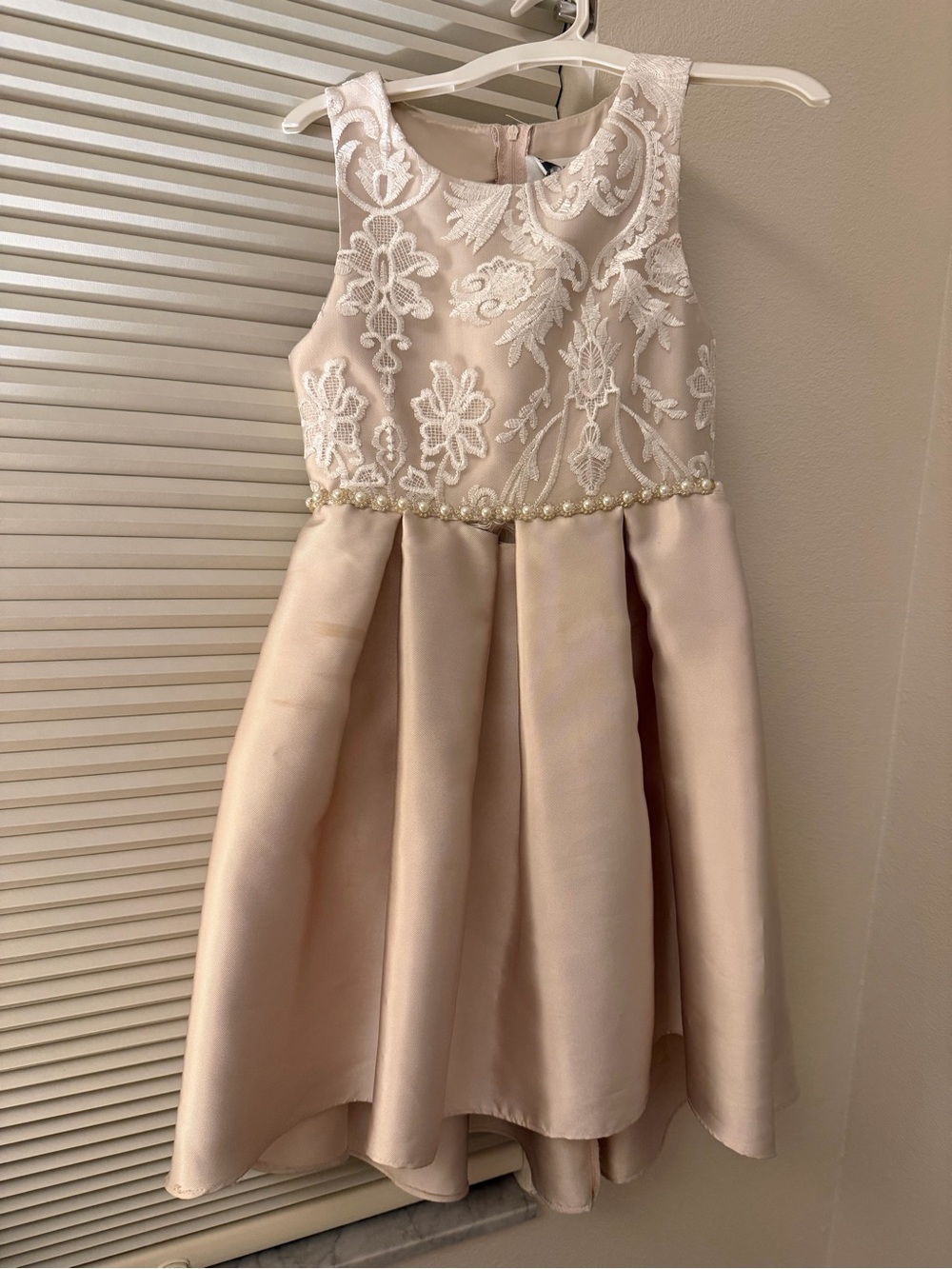 Rare Editions Blush Lace Bodice Satin Skirt Pearl Trim Dress